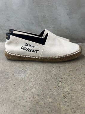 Saint Laurent White Canvas Espadrille Slip-Ons with Natural Jute Sole